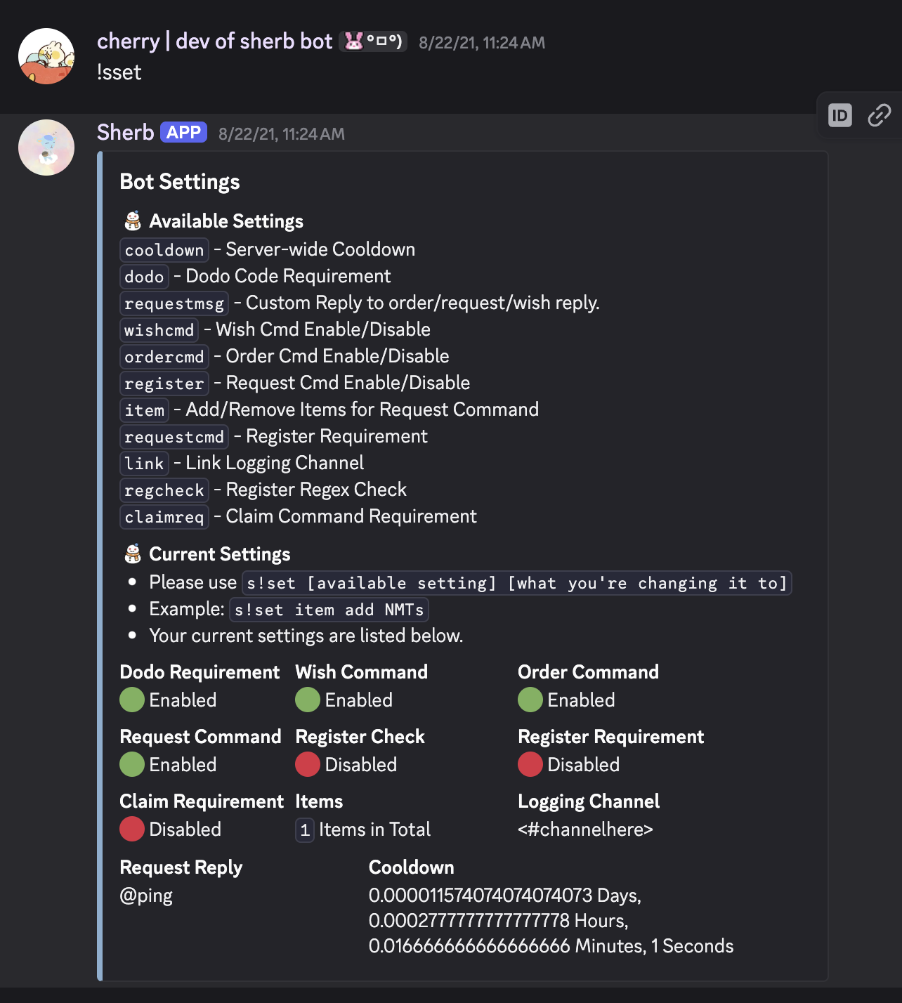 Sherb Bot wish feature